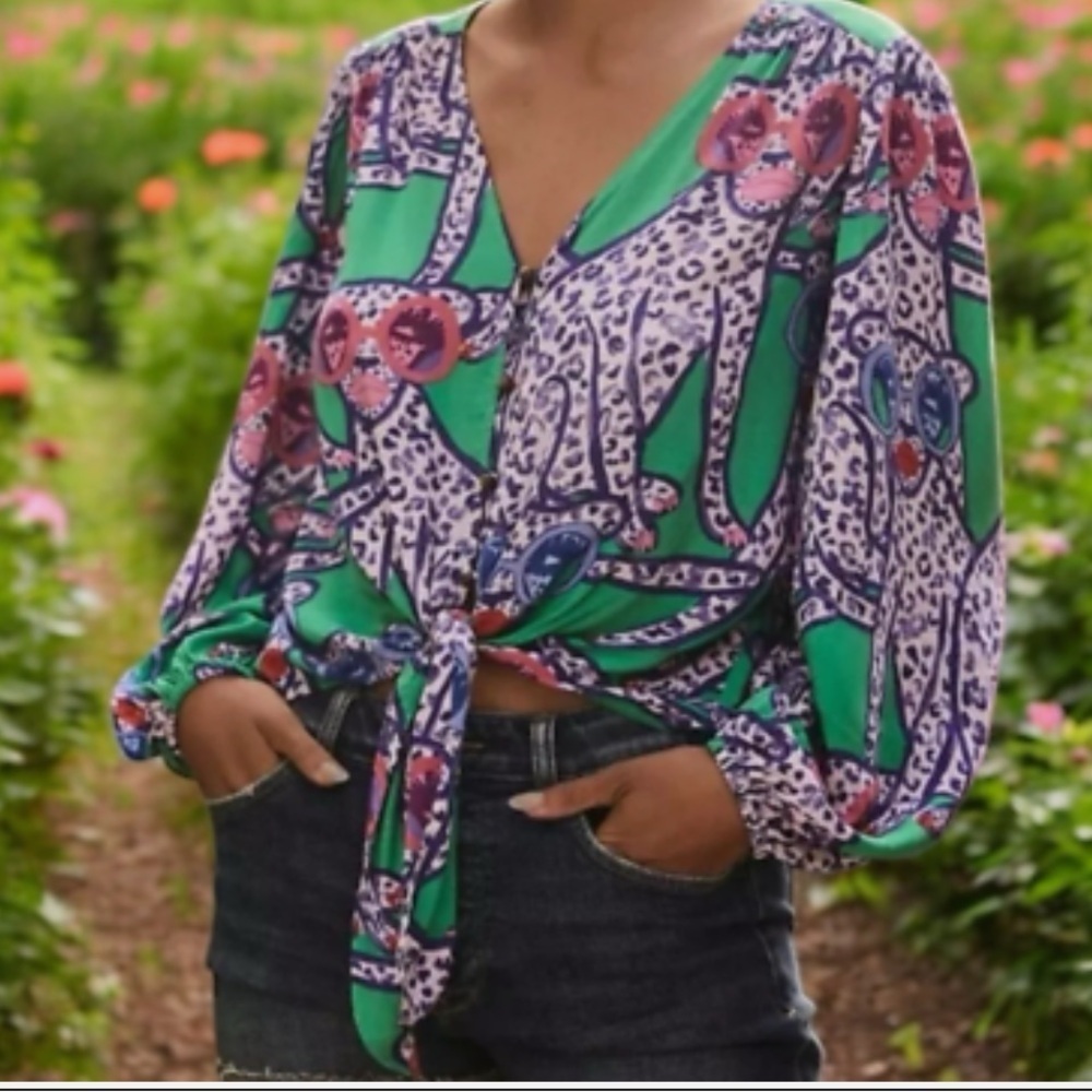 Anthropologie Kendra Dandy Dreamer tie front shirt bright maximalism small 4 - Picture 3 of 7